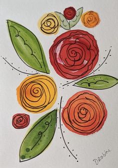 a drawing of flowers with green leaves and red, yellow and orange colors on white paper