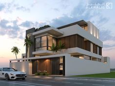 a white car is parked in front of a modern house with palm trees on the side