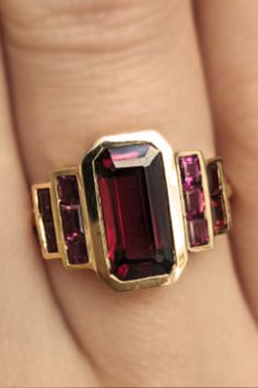 Bespoke Garnet Engagement Ring, Yellow Gold Band, Baguette Cut Garnets Garnet Engagement Ring, Unique Color Combinations