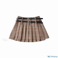 Orcajump - High-Waisted Checkered Midi Skirt with Double Waist Belt - Anti-Exposure, Pleated, and Flared Short Skirt Knitted Skirt, Cloth Belt, Pleated Skirts, Short Skirt, Knit Skirt, Check Pattern, Waist Belt, Pleated Skirt, Midi Skirt