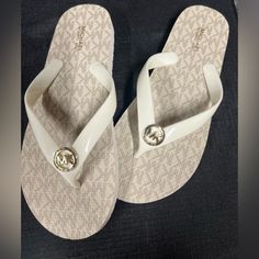 White, Gold And Tan Mk Flip Flops Size 7 Brand New Michael Kors Shoes, Flip Flops, Michael Kors, Size 7, White Gold, Women Shoes, Brand New, Gold, Women Shopping