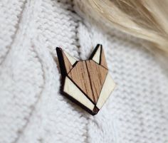 Geometric Fox Head, Wooden Brooches, Laser Cut Ring, Laser Cut Pins, Laser Cut Necklace, Puzzle Piece Necklace, Wooden Wedding Bands, Geometric Fox, Wooden Brooch