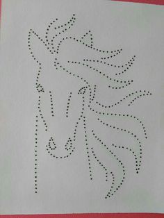 the horse is drawn with black dots on white paper and has a red border around it