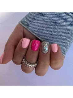 Multicolor  Collar  ABS Graphic Color Nails Embellished   Nail,Hand & Foot Care Two Solid Color Nails, Glitter Summer Nails, Nails In Pink, Summertime Nails, Feather Nails, Acrylic Gel Nails, Short Fake Nails, Short Square Acrylic Nails, Color Nails