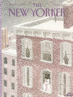 the new york times cover shows a snow covered building with two cats looking out windows