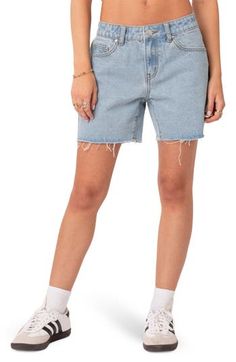 A low-rise waist and cutoff hems bring a relaxed, tomboyish look to lightly distressed shorts made form nonstretch denim. 100% cotton Machine wash, dry flat Imported Denim Diy Clothes, Low Rise Jean Shorts, Long Jean Shorts, Long Denim Shorts, Blouse Ideas, Shorts Outfits Women, Low Rise Shorts, Outfit Inspo Casual, Denim Diy