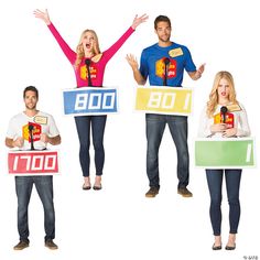 three people in costumes holding up signs with numbers on them