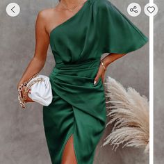 Brand New, Satin Dress Chic One-shoulder Lined Dress, Elegant Lined One-shoulder Dresses, Elegant Lined One Shoulder Dresses, Elegant One-shoulder Lined Dresses, Green Lined Midi Dress, Chic Sheath Midi Dress For Party Season, One-shoulder Lined Dress For Night Out, Chic Lined Dress For Dinner, Chic Draped Dress For Dinner