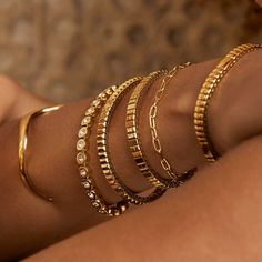 Golden Hour Jewelry, Arms Of Eve, Aesthetic Gold Bracelets, Gold Jewellery Stack, Edgy Gold Jewelry, Bracelet Product Photography, Gold Thick Bracelet, Gold Aesthetic Jewelry, Thick Jewelry