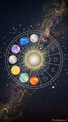 an astro wheel with eight planets in the center and stars around it on a starr background