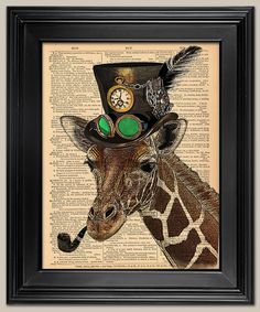 a giraffe wearing a top hat with a clock on it's forehead