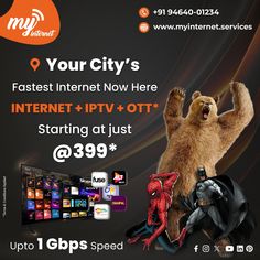 an advertisement for the internet and iptv network, featuring a bear holding up a bat