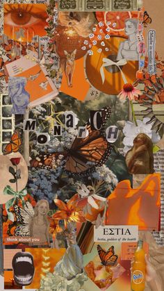 the collage is made up of many different images and words, including flowers, butterflies,