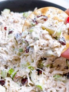 a hand holding a cracker over a bowl of chicken salad with cranberries and celery