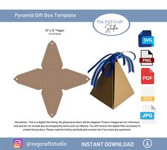 an origami gift box template with blue string and paper bag on the front