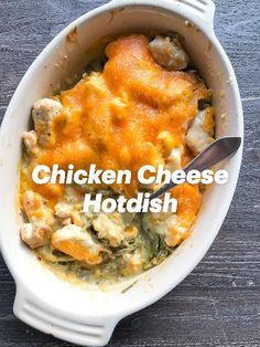 a casserole dish with chicken and cheese