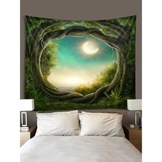 an image of a bedroom scene with trees and moon in the sky tapestry wall hanging