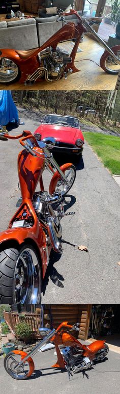 three different views of an orange and black motorcycle