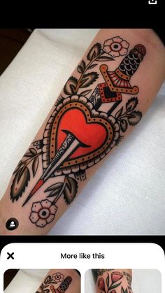 a tattoo with an orange heart and two swords on the side of his arm,