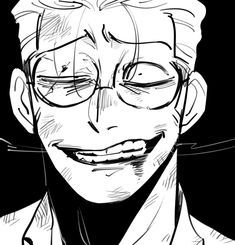 a black and white drawing of a man with glasses on his face smiling at the camera