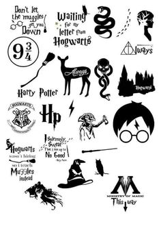 the harry potter logo is shown in black and white, as well as other symbols