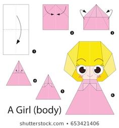 step by step instructions to make origami cute girl with big eyes and pink dress