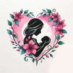 a drawing of a woman holding a baby in a heart shaped frame with pink flowers