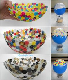 there are many different bowls made out of buttons on the table and in front of each other