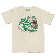 " Come to the woods for here is rest."  Cozy cabin life vibes are strong with your favorite forest bear, relaxing in a crewneck sweater by the stream. #goals  🐻 This premium t-shirt is made to be buttery soft & long lasting. We recommend ordering one size down if you prefer a tighter fit.  For oversized, order one size up.  Each shirt is colored using a pigment dyeing process; adding a vintage vibe and reducing shrinkage by up to 99%. Crafted with quality in mind, it's made from 100% ring spun cotton.  The fabric feels super soft and is comfortable & breathable.  Perfect for any season. Your shirt will last for many years with double needle stitching on the neckline, sleeves, and bottom hem. Please know this shirt is only made when you order it.  Because we apply the designs by hand, plea Cheap Cotton Camping Shirt, Cheap Graphic Print Short Sleeve Camp Shirt, Cheap Outdoor T-shirt With Screen Print, Cheap 90s Style Camp Shirt With Graphic Print, Cheap Casual Brown Camp Shirt, Cheap Camping T-shirt With Screen Print, Cheap Graphic Print Shirt For Camping, Affordable Vintage Summer Camp Shirt, Cheap Brown Casual Camp Shirt