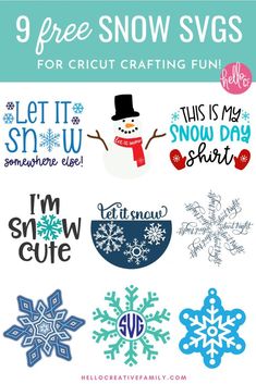 the free snow svg bundle for cricut crafting is available in several different styles