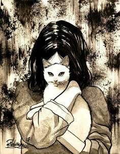 a black and white drawing of a woman with a cat on her shoulder, in front of a grungy background