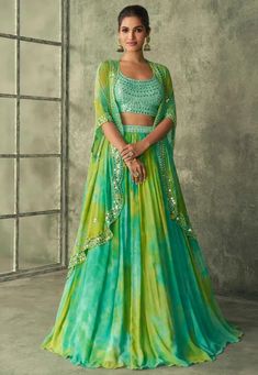 Embroidered Georgette Lehenga in Sea Green and Yellow Party Wear Skirt Top, Mehandi Outfits, Mehendi Outfit, Haldi Outfits, Cocktail Skirts, Trendy Outfits Indian, Mehendi Outfits, Georgette Lehenga, Yellow Lehenga