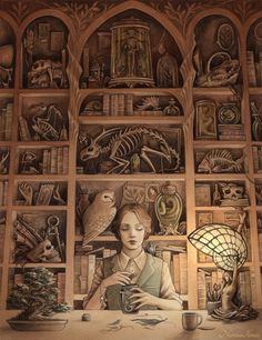 a painting of a woman sitting at a table in front of a book shelf filled with books