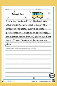 the back to school bus writing paper is shown in blue and yellow, with an image of