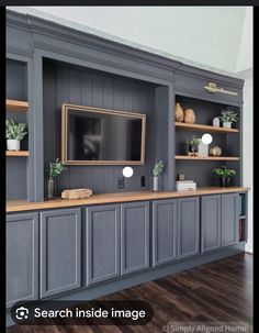 an entertainment center with built in cabinets and shelves