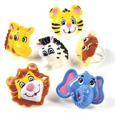 various animal shaped rings with faces on them, including an elephant, tiger, and giraffe