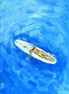 an acrylic painting of a woman laying on a surfboard in the ocean