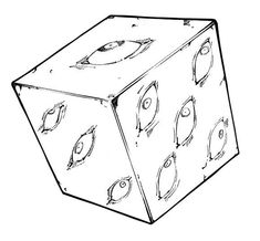 a drawing of a cube with eyes drawn on the front and back sides, it is black and white