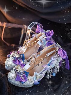 Bow Accents Rhinestones Butterfly Decorated Silver&Purple High Heels Unicorn Shoes Heels, Butterfly Shoes High Heels Purple, Luxury Purple Heels With Rhinestones, Purple Shoes Heels Quince, Purple Shoes Royal, Purple Fairy Wedding Shoes, Purple Theme Shoes, Crystal Witch Shoes, Fairy Shoes Heels & Wedges