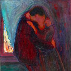 a painting of two people hugging each other