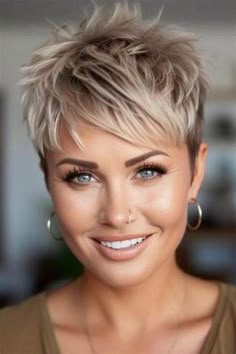 This is a fun and edgy hairstyle that the casual pixie with spiky bangs ... Short Hair For Coarse Hair, Pixie Wigs For White Women, Texturized Pixie Haircut, Crop Haircut Short Women, Short Hair For Plus Size Women Over 40, Piecey Pixie Haircut, Short Sassy Hair Older Women, Short Spiky Haircuts For Women Over 50, Short Edgy Pixie Cuts Shaved Sides