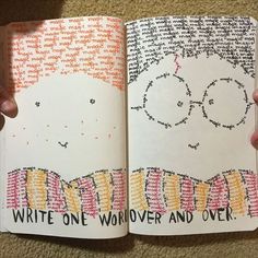 someone is holding an open book with writing on it and the pages are colored in different colors