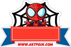 a cartoon spider man with big eyes holding a red sign in front of it's face