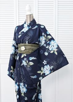 Japanese Yukata Kimono Plus Size - Blue Flowers in Navy Blue And Gold Kimono, Japanese Kimono Reference, Historical Japanese Kimono, Kimono Textile Pattern, Star Kimono Traditional, Blue Japanese Kimono, New Years Kimono, Blue Kimono Traditional, Japanese Yukata Women