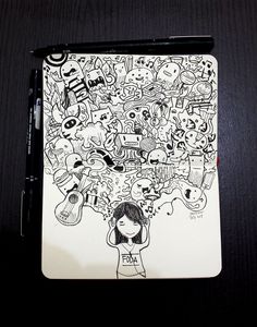 a black and white drawing of a girl holding her head with many doodles on it