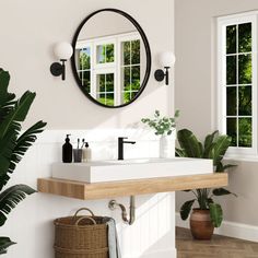 a bathroom with a sink, mirror and potted plant