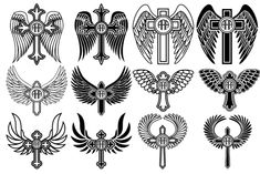 a set of nine different crosses and wings