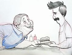 a drawing of two men sitting at a table and one is holding a sandwich in his hand