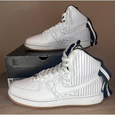 New York Yankees Collector's Item!! Original Nike Air Force 1 High "Yankees" From 2008. These Shoes Are Preowned But In Excellent Condition And Comes With The Original Shoe Box. The Toe Box Has Minimal Creasing, The Shoebox Is In Excellent Condition, And The Sneakers Are Structurally Sound With A Lot Of Life Left In Them. Size 13 Men's. Nike Air Force 1 High, Nike Airforce 1, Air Force 1 High, Nike Air Force 1, White Nikes, New York Yankees, Shoe Box, Air Force 1, Sneaker Head