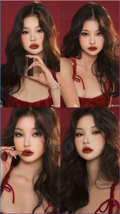 Asian With Red Lipstick, Red Makeup Inspo Aesthetic, Elegant Red Makeup, Prom Makeup For Red Dress Glam, Red Lip Makeup Look Asian, Dark Red Dress Makeup, Red Dresses Makeup Ideas, Makeup To Go With Red Dress Simple, Dark Red Prom Makeup